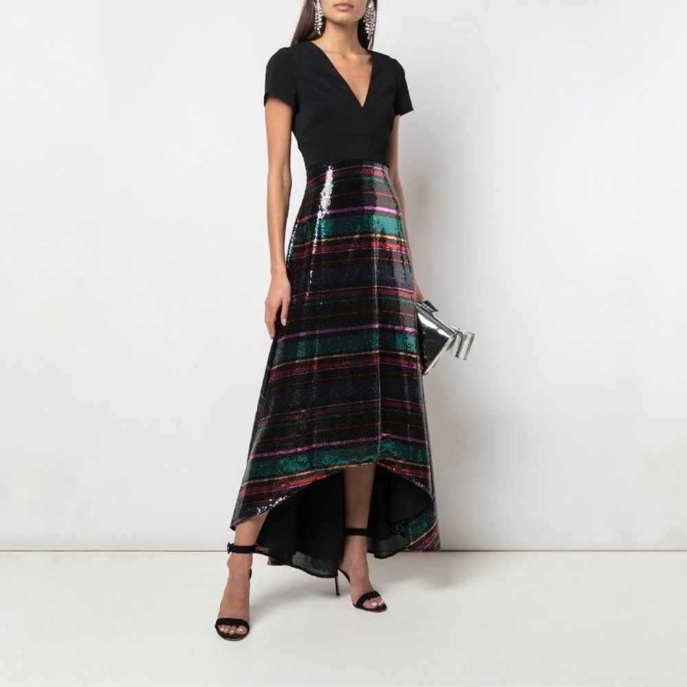 Badgley Mischka Asymmetric High Low Short Sleeve Sequin Stripe Skirt Gown Sz 22